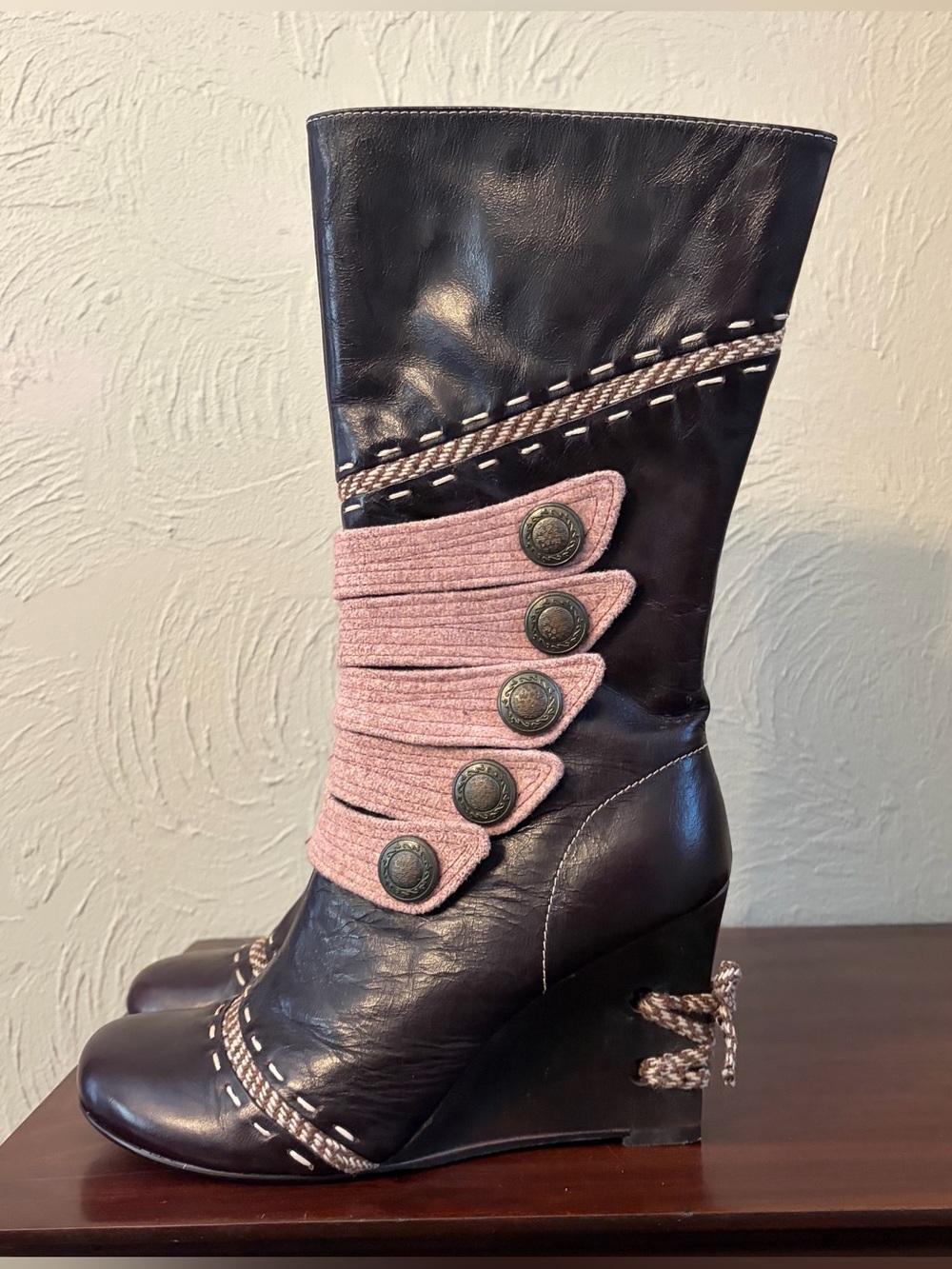 Vintage Y2K Kenzie Movie Wedge Brown Leather Mid Calf Boot Womens size 8